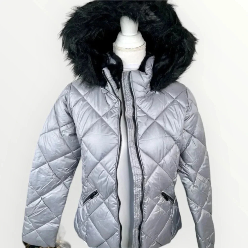 Sebby Collection Grey Silver Quilted Puffer Coat Black Faux Fur Trim NEW Sz S